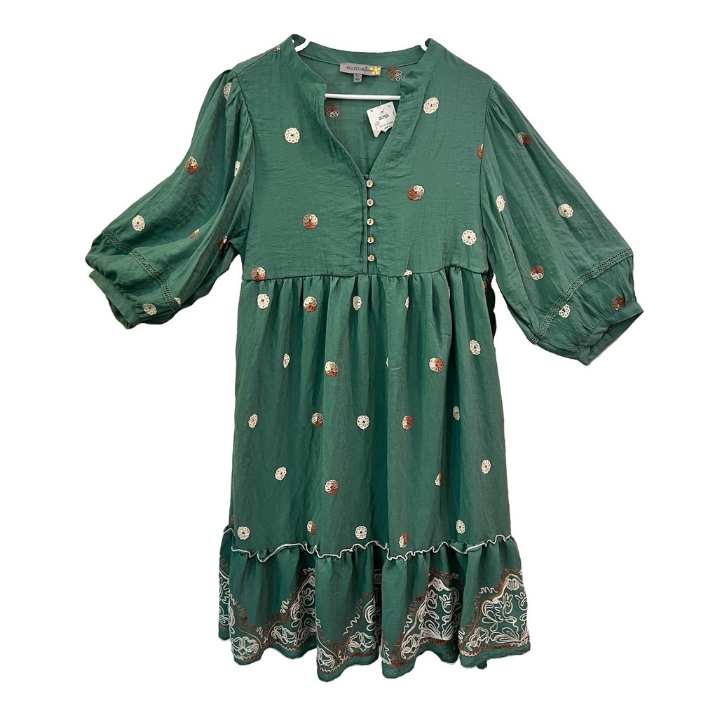 Figueroa & Flower Dress GreenTiered Embroidered Midi Women's Large  Peasant Boho